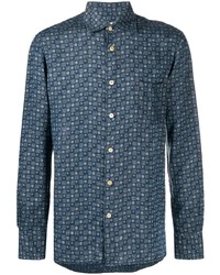 dunkelblaues Leinen Langarmhemd mit geometrischem Muster