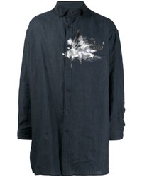 dunkelblaues Leinen Langarmhemd mit Karomuster von Yohji Yamamoto