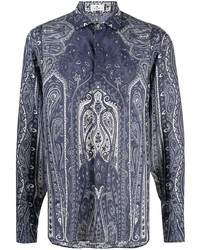 dunkelblaues Leinen Langarmhemd mit Paisley-Muster
