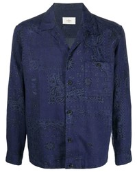 dunkelblaues Leinen Langarmhemd mit Paisley-Muster von Altea