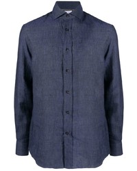 dunkelblaues Leinen Langarmhemd von Brunello Cucinelli