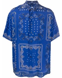 dunkelblaues Seide Kurzarmhemd mit Paisley-Muster