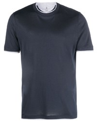 dunkelblaues Seide T-Shirt mit einem Rundhalsausschnitt von Brunello Cucinelli