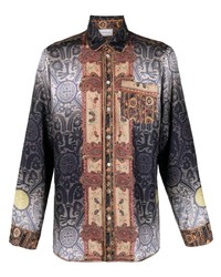 dunkelblaues Seidelangarmhemd mit Paisley-Muster