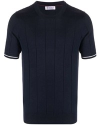 dunkelblaues Strick T-Shirt mit einem Rundhalsausschnitt von Brunello Cucinelli