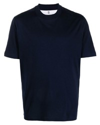 dunkelblaues Strick T-Shirt mit einem Rundhalsausschnitt von Brunello Cucinelli