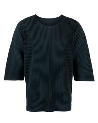 dunkelblaues Strick T-Shirt mit einem Rundhalsausschnitt von Homme Plissé Issey Miyake