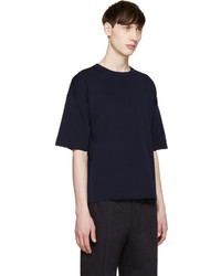 dunkelblaues Strick T-Shirt mit einem Rundhalsausschnitt von Jil Sander Navy