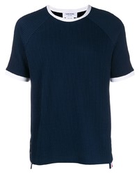 dunkelblaues Strick T-Shirt mit einem Rundhalsausschnitt von Thom Browne