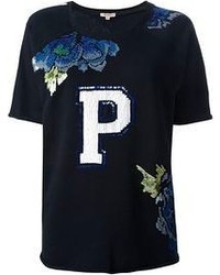 dunkelblaues T-Shirt mit einem Rundhalsausschnitt mit Blumenmuster