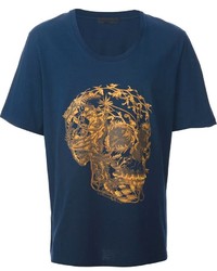 dunkelblaues T-Shirt mit einem Rundhalsausschnitt mit Blumenmuster von Alexander McQueen