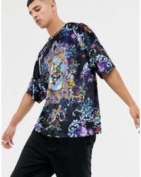 dunkelblaues T-Shirt mit einem Rundhalsausschnitt mit Blumenmuster von ASOS DESIGN