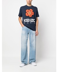 dunkelblaues T-Shirt mit einem Rundhalsausschnitt mit Blumenmuster von Kenzo