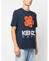 dunkelblaues T-Shirt mit einem Rundhalsausschnitt mit Blumenmuster von Kenzo