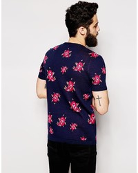 dunkelblaues T-Shirt mit einem Rundhalsausschnitt mit Blumenmuster von Asos