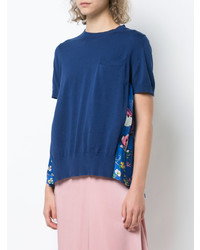 dunkelblaues T-Shirt mit einem Rundhalsausschnitt mit Blumenmuster von Sacai