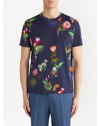 dunkelblaues T-Shirt mit einem Rundhalsausschnitt mit Blumenmuster von Etro