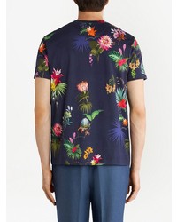 dunkelblaues T-Shirt mit einem Rundhalsausschnitt mit Blumenmuster von Etro