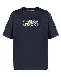 dunkelblaues T-Shirt mit einem Rundhalsausschnitt mit Blumenmuster von MAISON KITSUNÉ