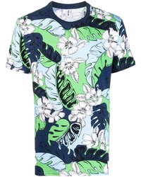 dunkelblaues T-Shirt mit einem Rundhalsausschnitt mit Blumenmuster von Moschino