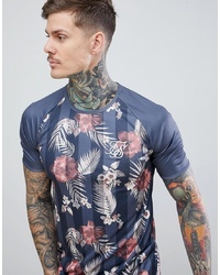 dunkelblaues T-Shirt mit einem Rundhalsausschnitt mit Blumenmuster von Siksilk