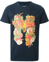dunkelblaues T-Shirt mit einem Rundhalsausschnitt mit Blumenmuster