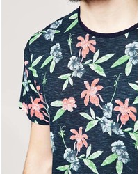 dunkelblaues T-Shirt mit einem Rundhalsausschnitt mit Blumenmuster von Bellfield