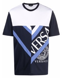 dunkelblaues T-Shirt mit einem Rundhalsausschnitt mit Flicken von Versace