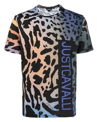 dunkelblaues T-Shirt mit einem Rundhalsausschnitt mit Leopardenmuster