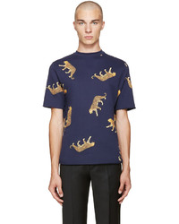 dunkelblaues T-Shirt mit einem Rundhalsausschnitt mit Leopardenmuster von Paul Smith