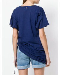 dunkelblaues T-Shirt mit einem Rundhalsausschnitt mit Rüschen von Twin-Set