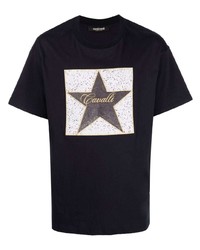 dunkelblaues T-Shirt mit einem Rundhalsausschnitt mit Sternenmuster von Roberto Cavalli