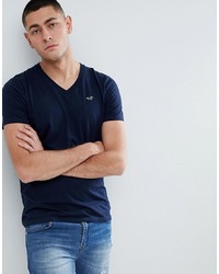 dunkelblaues T-Shirt mit einem V-Ausschnitt von Hollister