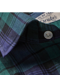 dunkelblaues und grünes Langarmhemd mit Schottenmuster von Drakes