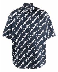 dunkelblaues und weißes bedrucktes Kurzarmhemd von Balenciaga