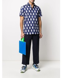 dunkelblaues und weißes bedrucktes Kurzarmhemd von Kenzo