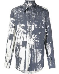 dunkelblaues und weißes bedrucktes Langarmhemd von Alexander McQueen