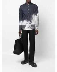 dunkelblaues und weißes bedrucktes Langarmhemd von Alexander McQueen