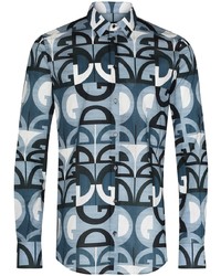 dunkelblaues und weißes bedrucktes Langarmhemd von Dolce & Gabbana