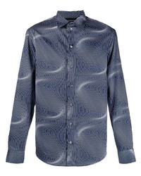 dunkelblaues und weißes bedrucktes Langarmhemd von Emporio Armani