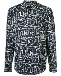 dunkelblaues und weißes bedrucktes Langarmhemd von Gieves & Hawkes