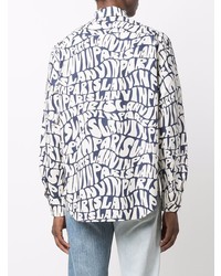 dunkelblaues und weißes bedrucktes Langarmhemd von Lanvin