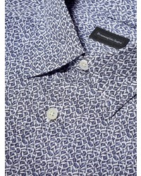 dunkelblaues und weißes bedrucktes Langarmhemd von Ermenegildo Zegna