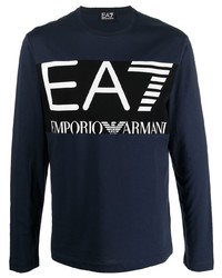 dunkelblaues und weißes bedrucktes Langarmshirt von Ea7 Emporio Armani