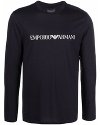 dunkelblaues und weißes bedrucktes Langarmshirt von Emporio Armani