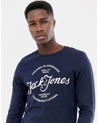 dunkelblaues und weißes bedrucktes Langarmshirt von Jack & Jones