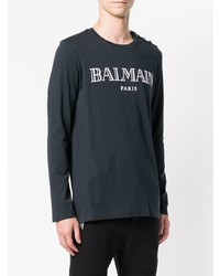 dunkelblaues und weißes bedrucktes Langarmshirt von Balmain