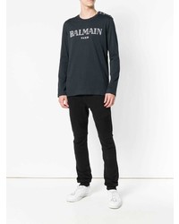 dunkelblaues und weißes bedrucktes Langarmshirt von Balmain