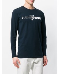 dunkelblaues und weißes bedrucktes Langarmshirt von Plein Sport