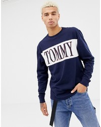 dunkelblaues und weißes bedrucktes Langarmshirt von Tommy Jeans
